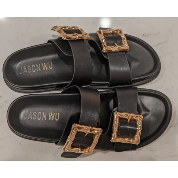 Women's JASON WU Marzan Luxe Black Leather Gold Buckles Slides Sandals 7.5 - Picture 9 of 11
